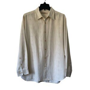 Tommy Bahama Beige Long Sleeve Button-Up Shirt M Silk Blend Textured Palm Leaf